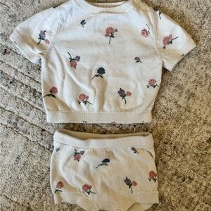 Cream Floral Knit Top & Bloomers Set - Pink & Green Flower Set